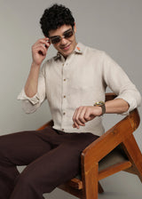 Amber - Pure Linen Full Sleeve Shirt with Embroidered Collar - Ecru