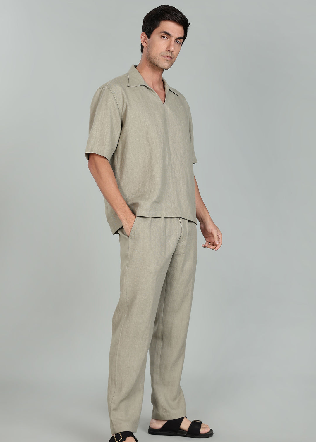 Cole Pure Linen T-Shirt with Ivo Pant Set - Artichoke Green