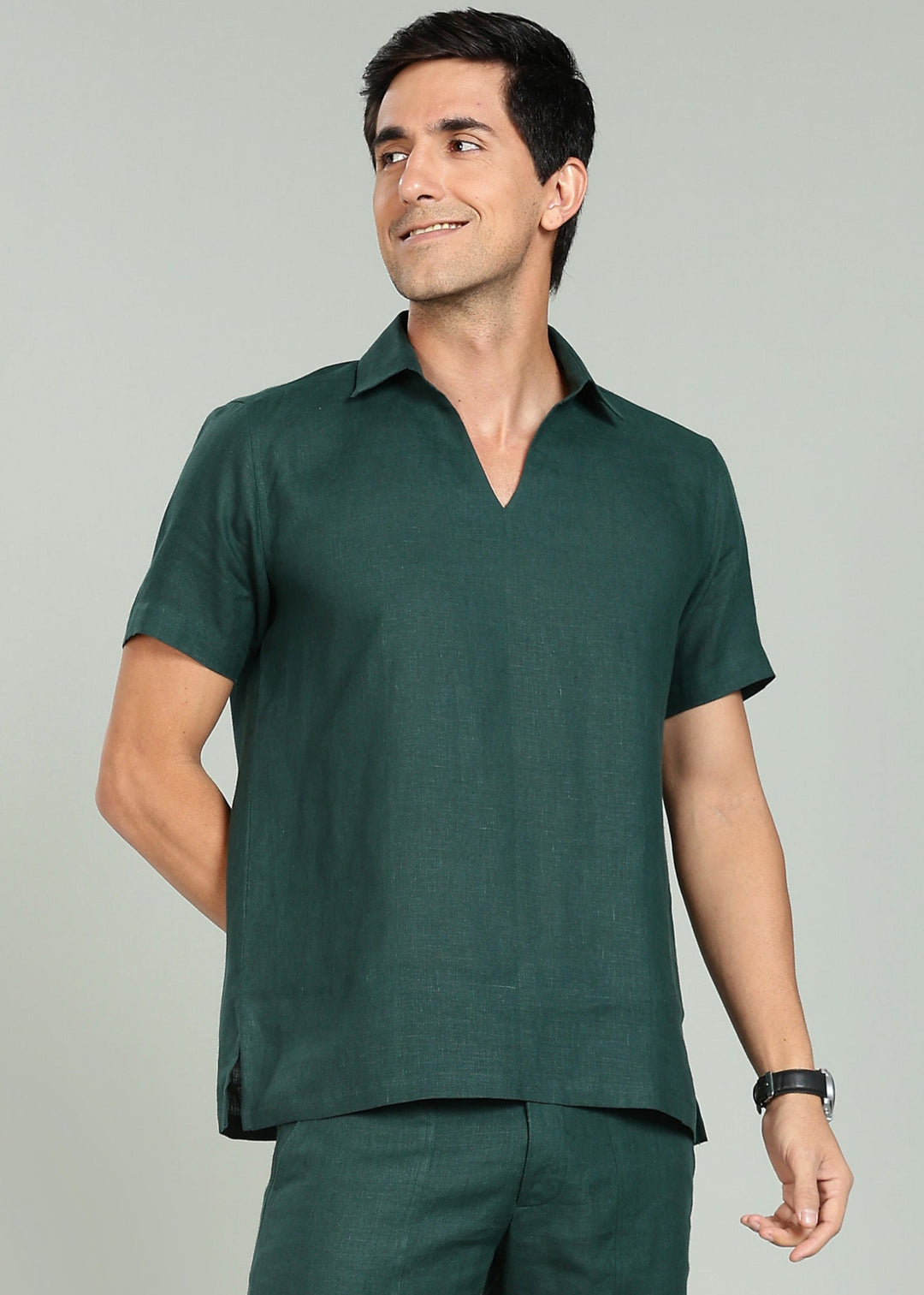 Noel Pure Linen T-Shirt & Shorts Co-Ord Set | Dark Pine Green