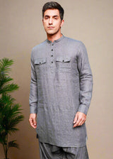Aman - Pure Linen Long Kurta with Double Pocket - Charcoal Grey