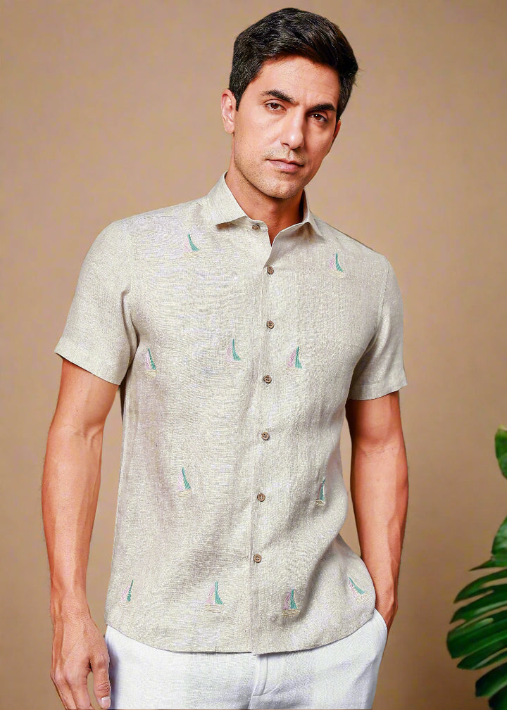 Boat - Embroidered Half Sleeve Pure Linen Shirt - Ecru