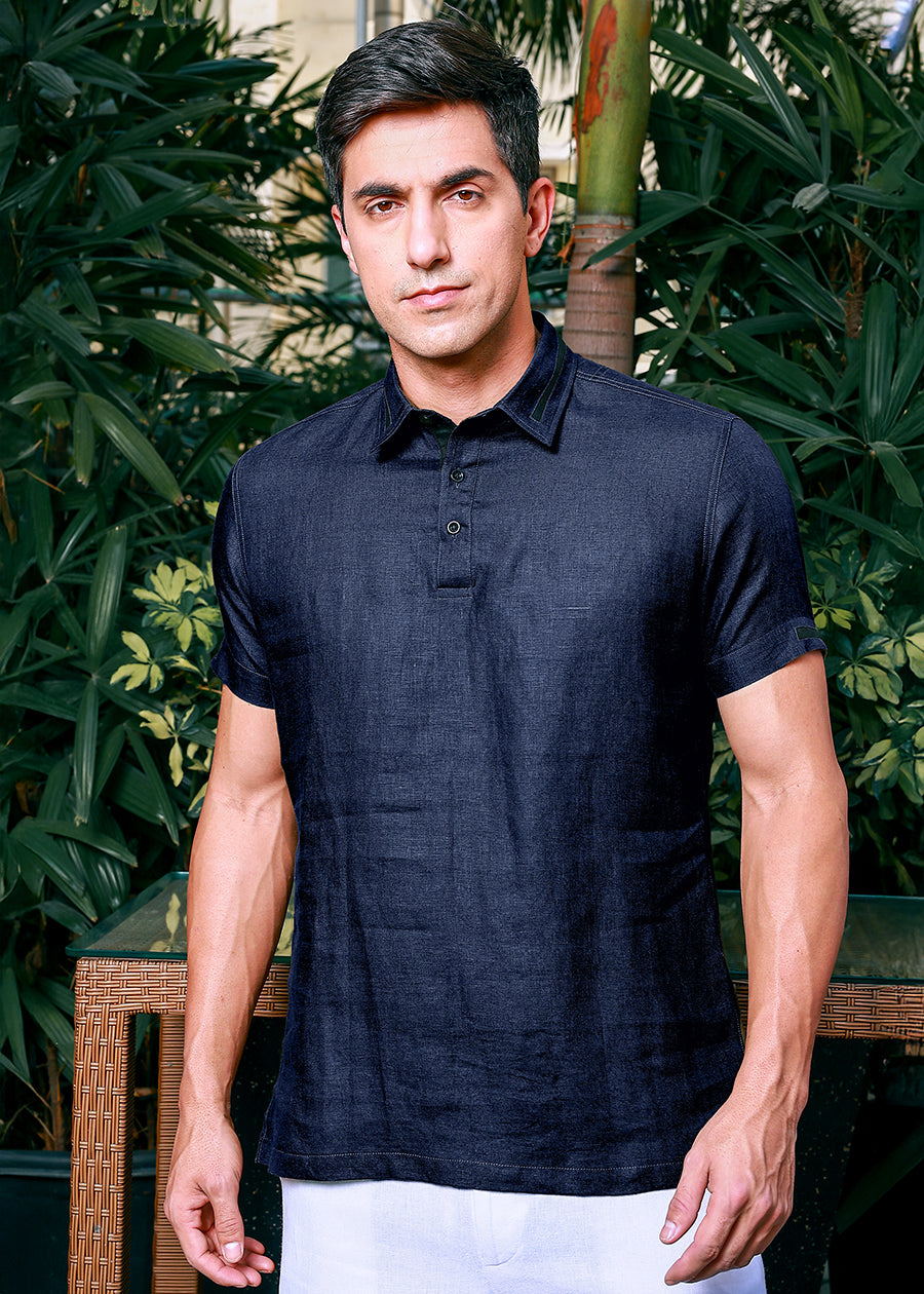 Jack - Pure Linen Polo T-Shirt - Navy Blue
