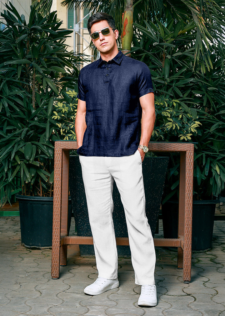Jack - Pure Linen Polo T-Shirt - Navy Blue