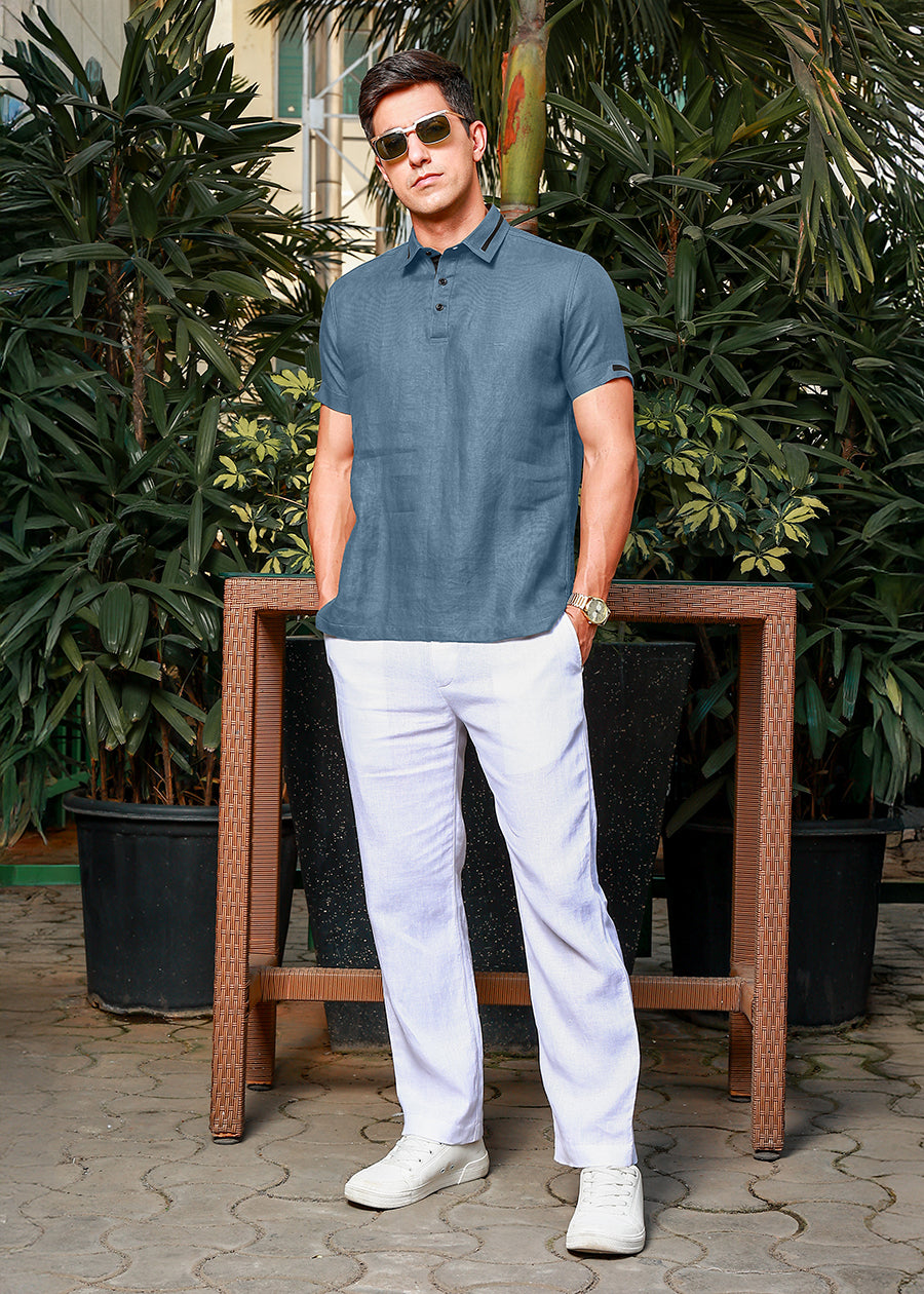 Jack - Pure Linen Polo T-Shirt - Blue Grey