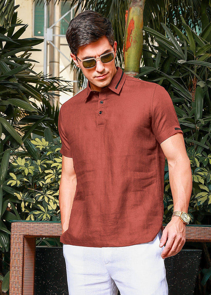 Jack - Pure Linen Polo T-Shirt - Terracotta Red