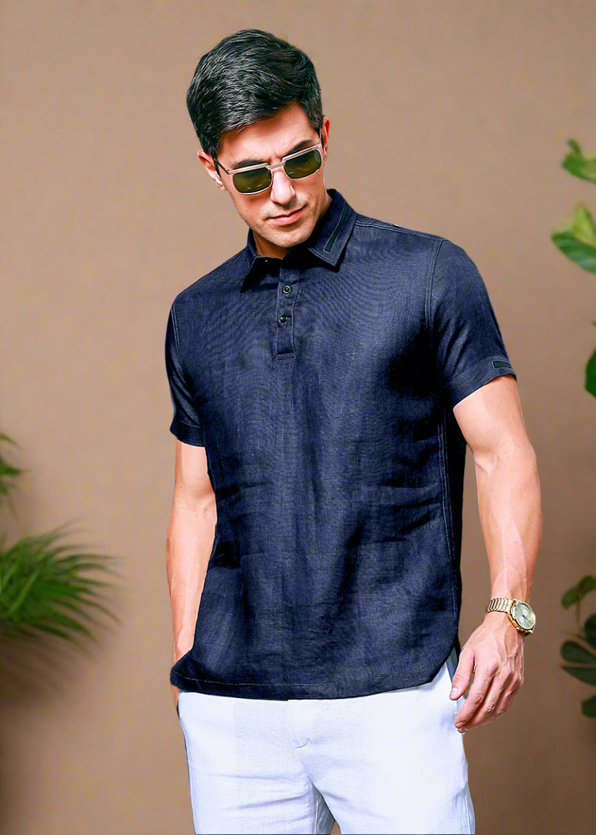 Jack - Pure Linen Polo T-Shirt - Navy Blue