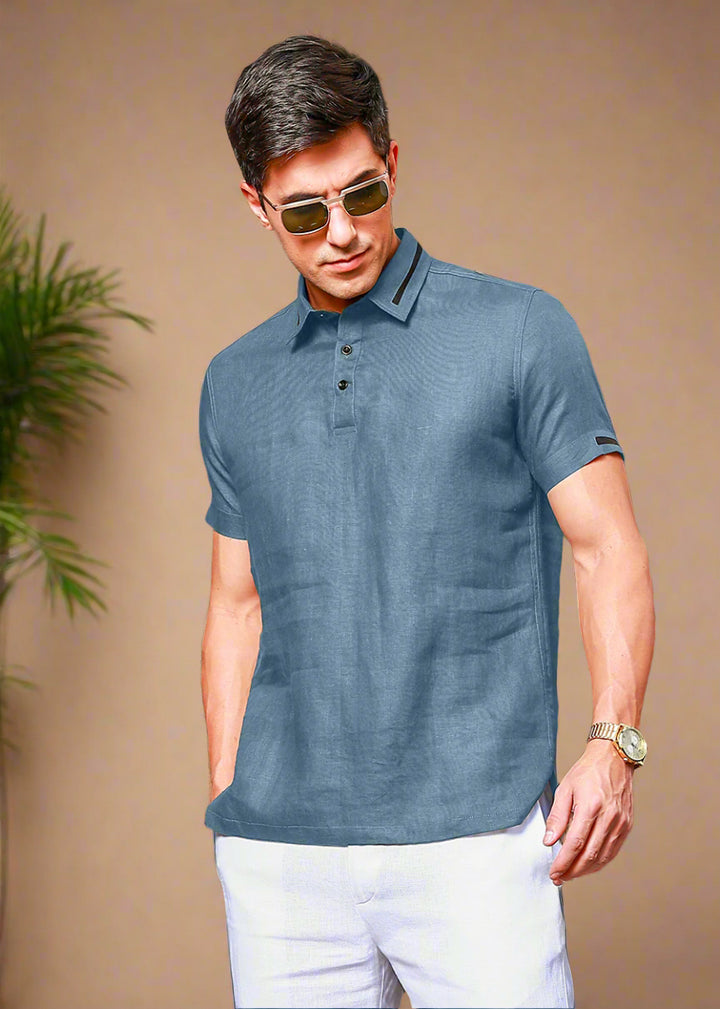 Jack - Pure Linen Polo T-Shirt - Blue Grey
