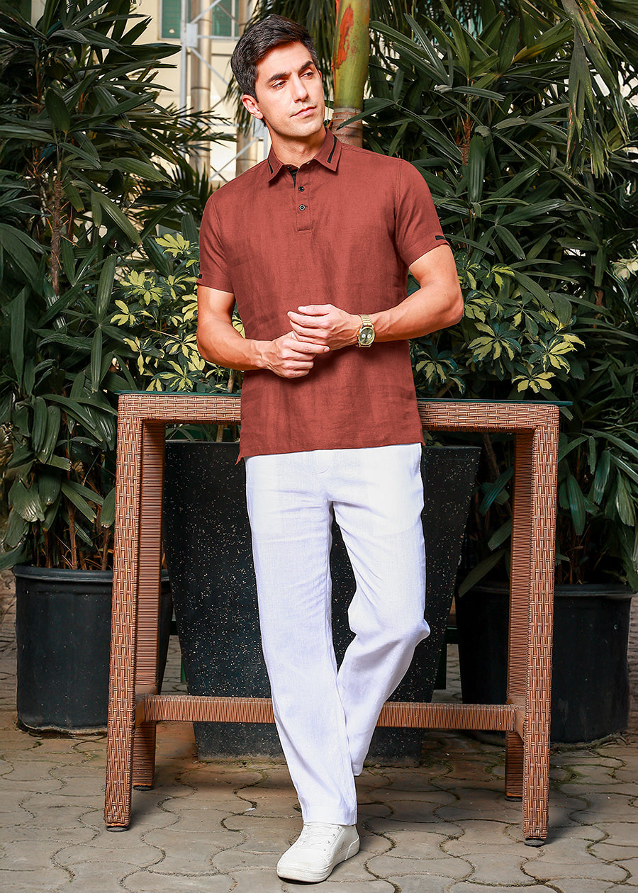 Jack - Pure Linen Polo T-Shirt - Terracotta Red