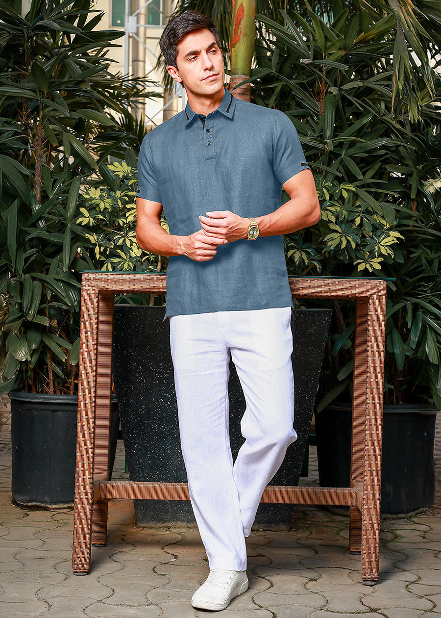 Jack - Pure Linen Polo T-Shirt - Blue Grey