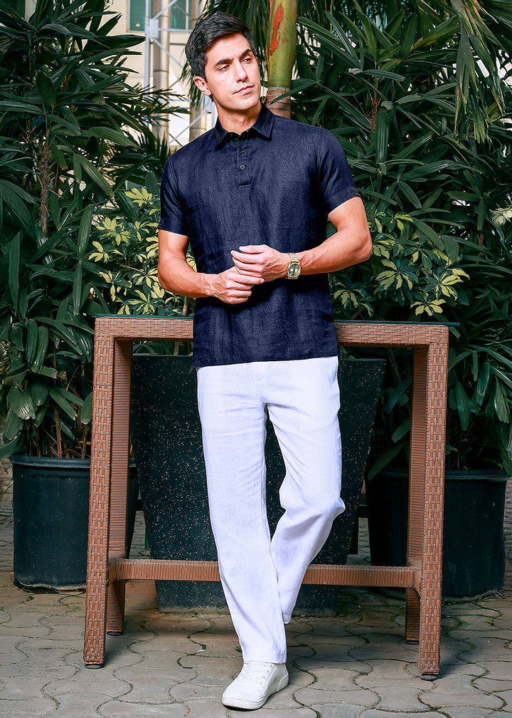Jack - Pure Linen Polo T-Shirt - Navy Blue