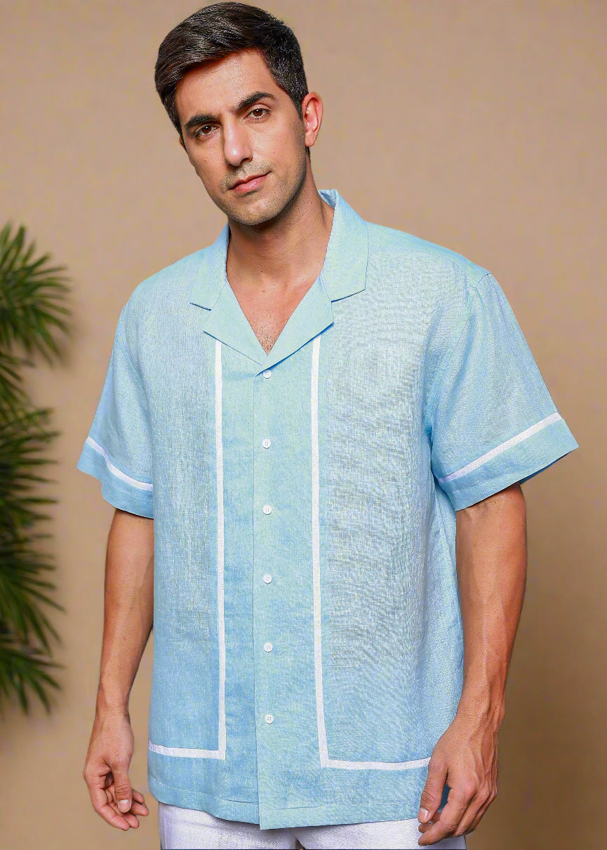 Oasis - Oversized Pure Linen Cuban Collar Short Sleeve Shirt - Sky Blue