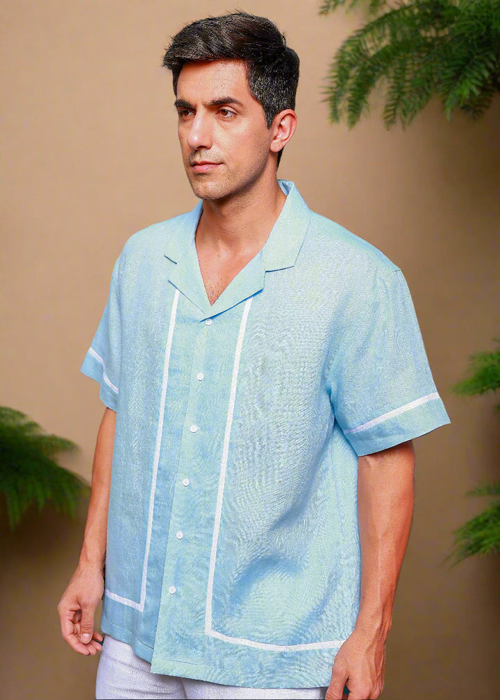Oasis - Oversized Pure Linen Cuban Collar Short Sleeve Shirt - Sky Blue