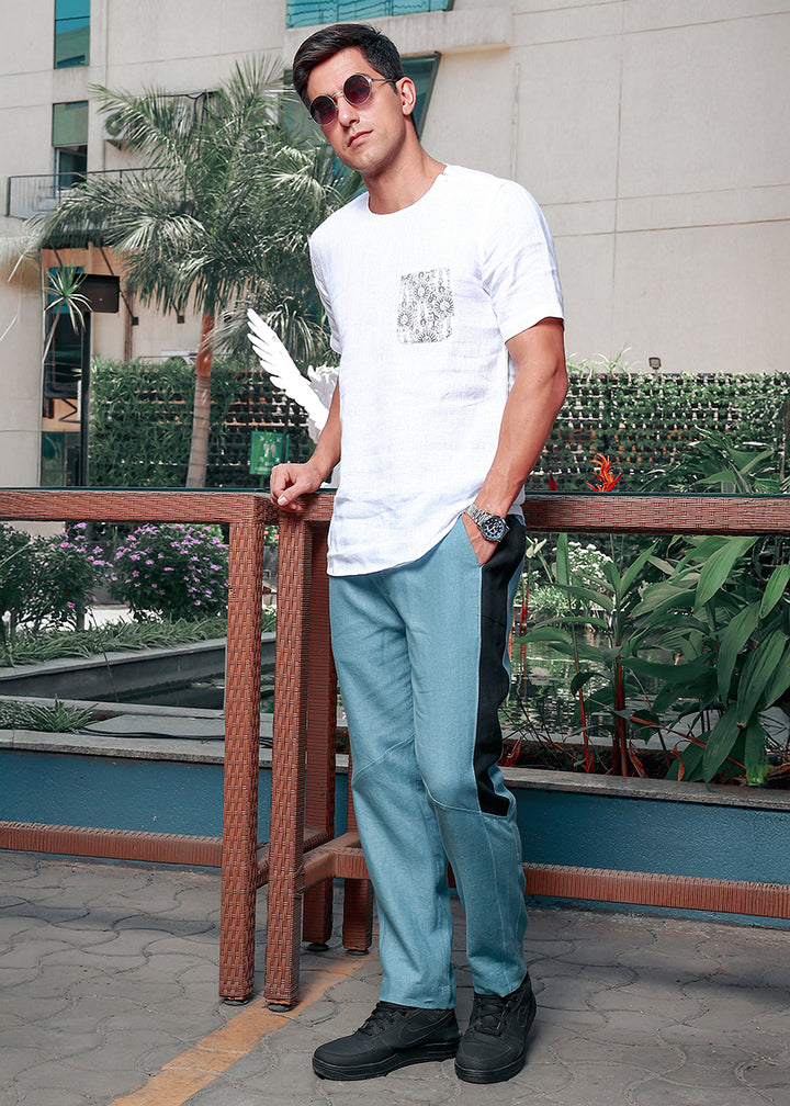 Mustang - Premium Pure Linen Panel Elastic Pants - Light Blue Grey & Black