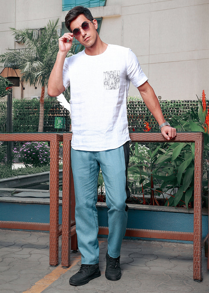 Mustang - Premium Pure Linen Panel Elastic Pants - Light Blue Grey & Black