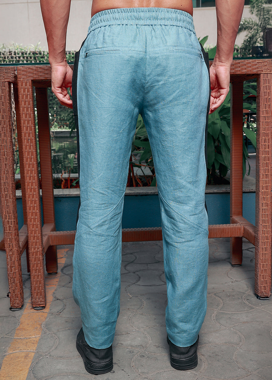 Mustang - Premium Pure Linen Panel Elastic Pants - Light Blue Grey & Black