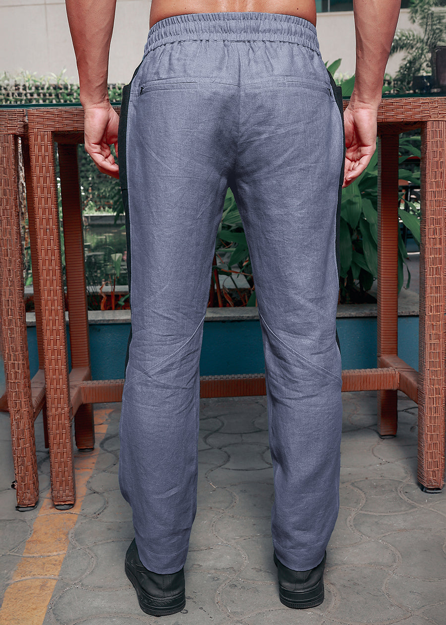 Mustang - Premium Pure Linen Panel Elastic Pants - Dark Blue Grey & Black