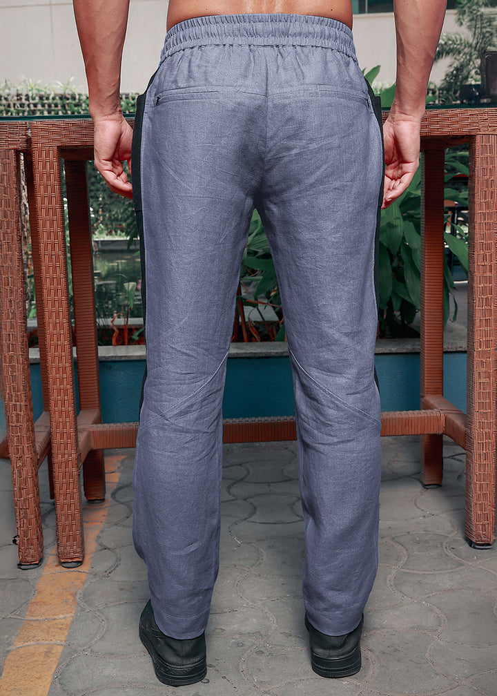 Mustang - Premium Pure Linen Panel Elastic Pants - Dark Blue Grey & Black
