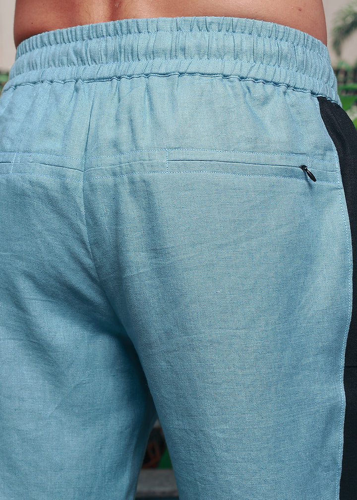 Mustang - Premium Pure Linen Panel Elastic Pants - Light Blue Grey & Black