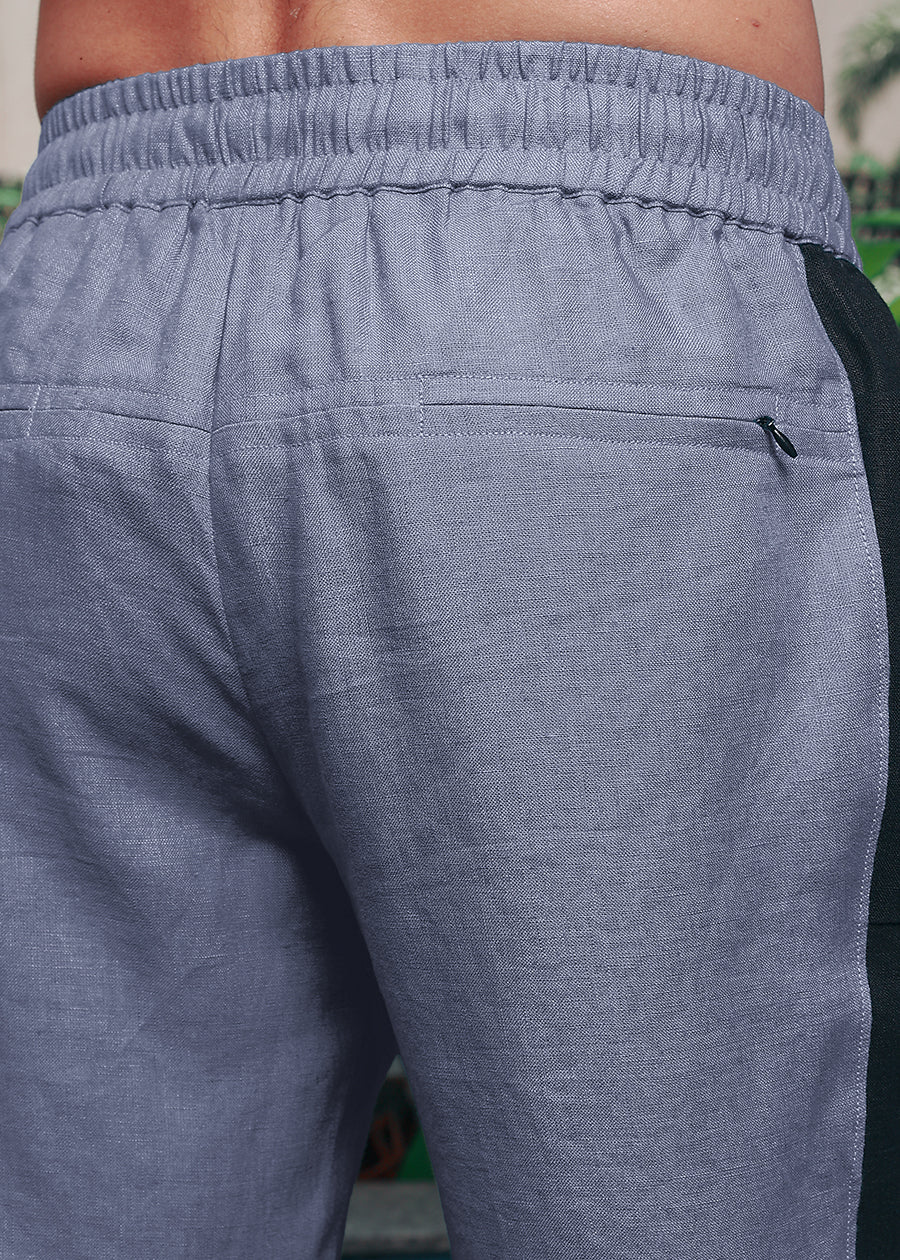 Mustang - Premium Pure Linen Panel Elastic Pants - Dark Blue Grey & Black