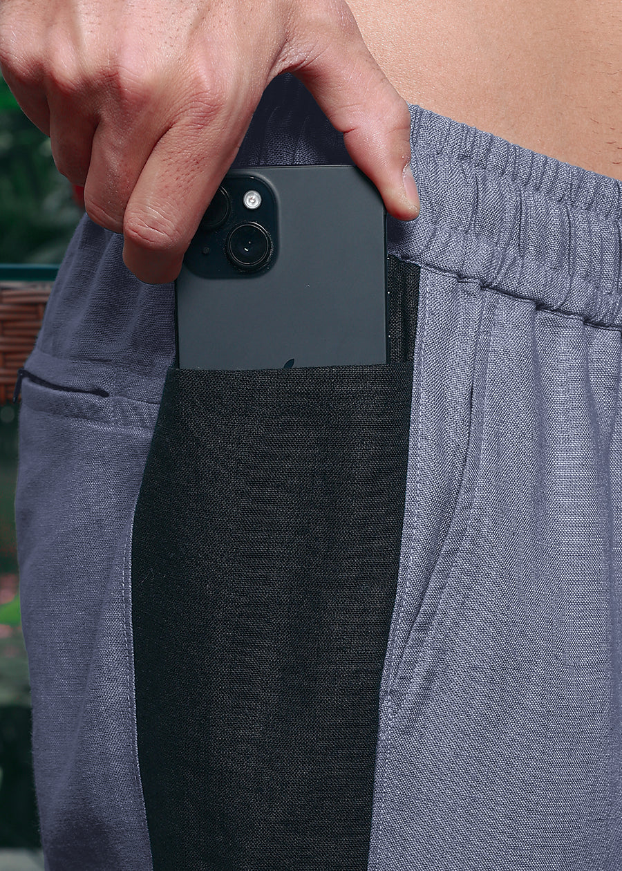 Mustang - Premium Pure Linen Panel Elastic Pants - Dark Blue Grey & Black