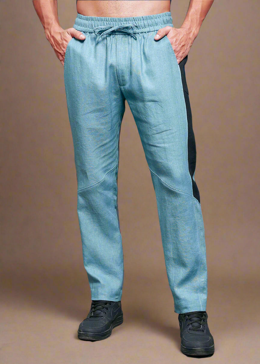 Mustang - Premium Pure Linen Panel Elastic Pants - Light Blue Grey & Black