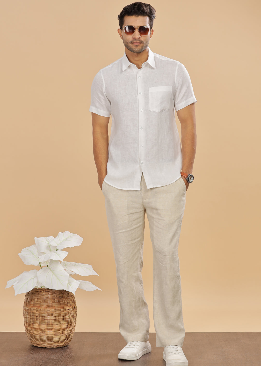 Ted - Pure Linen Half Sleeve Shirt - White
