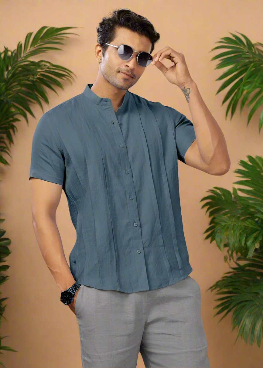 Stark Pure Linen Half Sleeve Shirt With Band Collar Space Tuck Blue  Grey