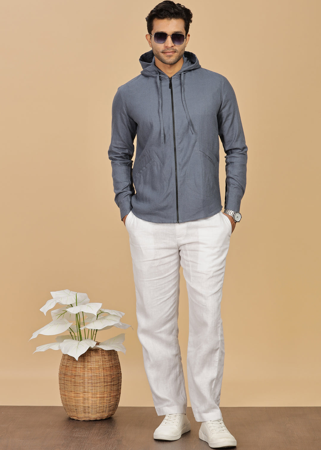 Ace - Pure Linen Hoodie Sweatshirt - Dark Blue Grey (Factory Rescue)