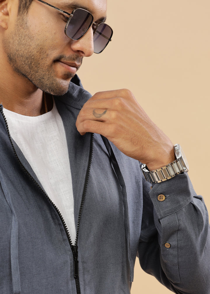 Ace - Pure Linen Hoodie Sweatshirt - Dark Blue Grey (Factory Rescue)