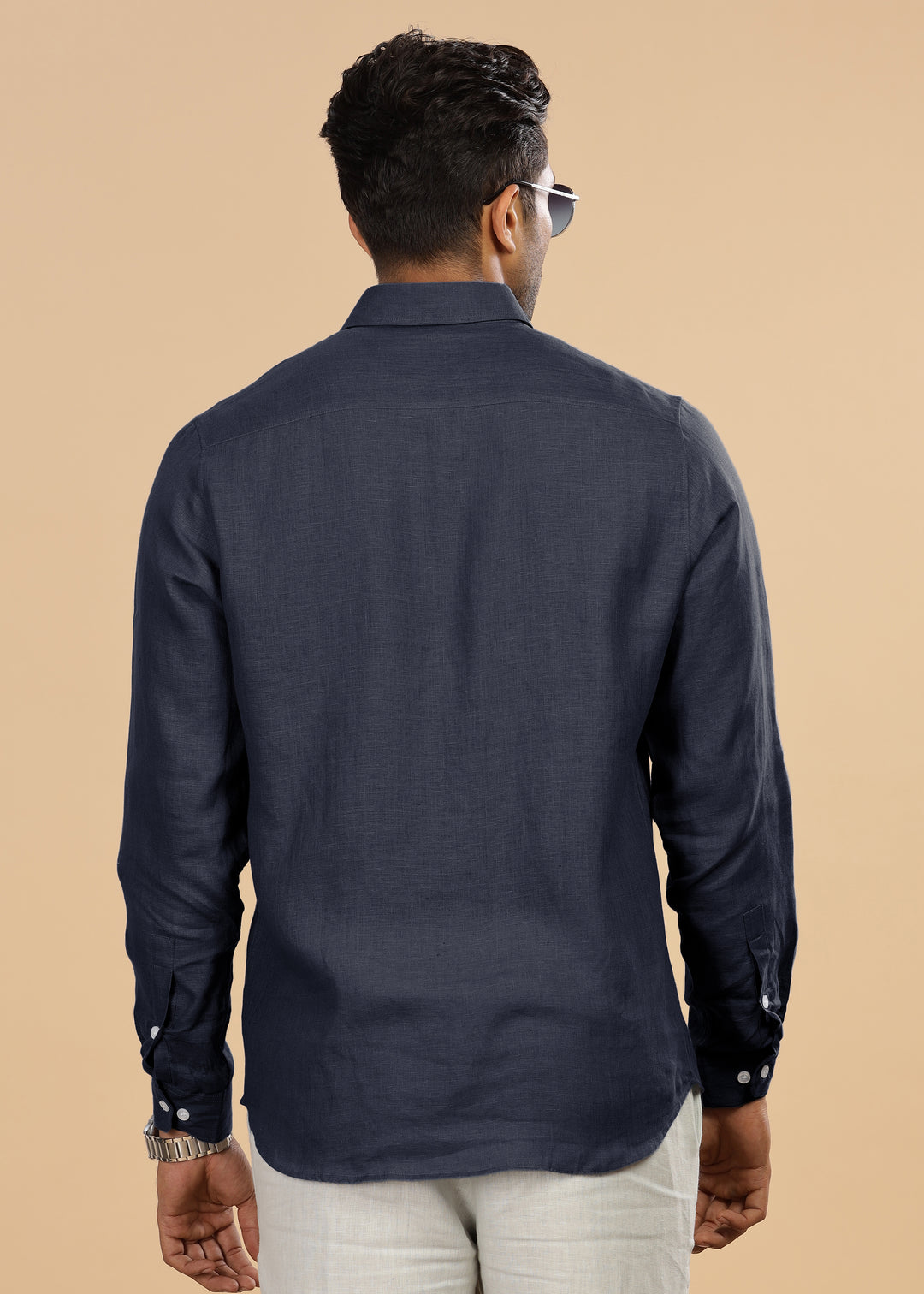 Liam - Pure Linen Double Pocket Classy Full Sleeve Shirt - Navy Blue