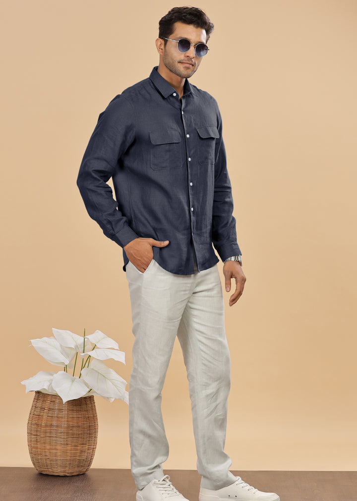 Liam - Pure Linen Double Pocket Classy Full Sleeve Shirt - Navy Blue