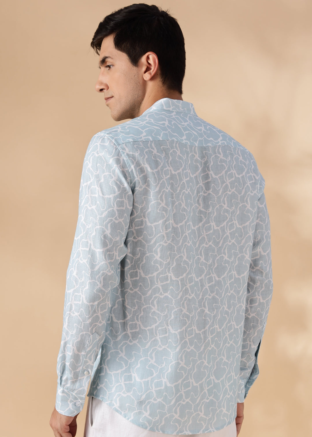 Waves - Pure Linen Printed Full Sleeve Shirt - Light Blue Crest Print