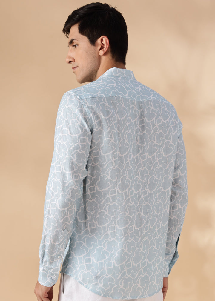 Waves - Pure Linen Printed Full Sleeve Shirt - Light Blue Crest Print
