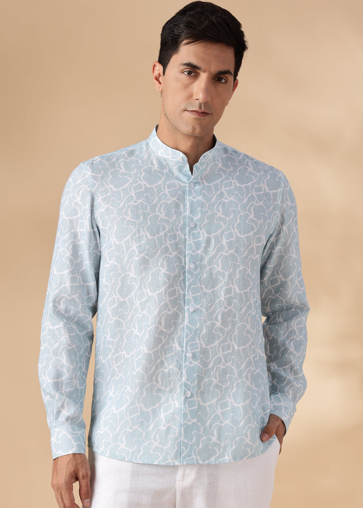 Waves - Pure Linen Printed Full Sleeve Shirt - Light Blue Crest Print