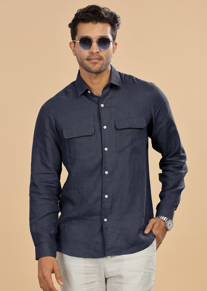 Liam - Pure Linen Double Pocket Classy Full Sleeve Shirt - Navy Blue