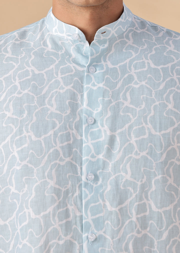 Waves - Pure Linen Printed Full Sleeve Shirt - Light Blue Crest Print