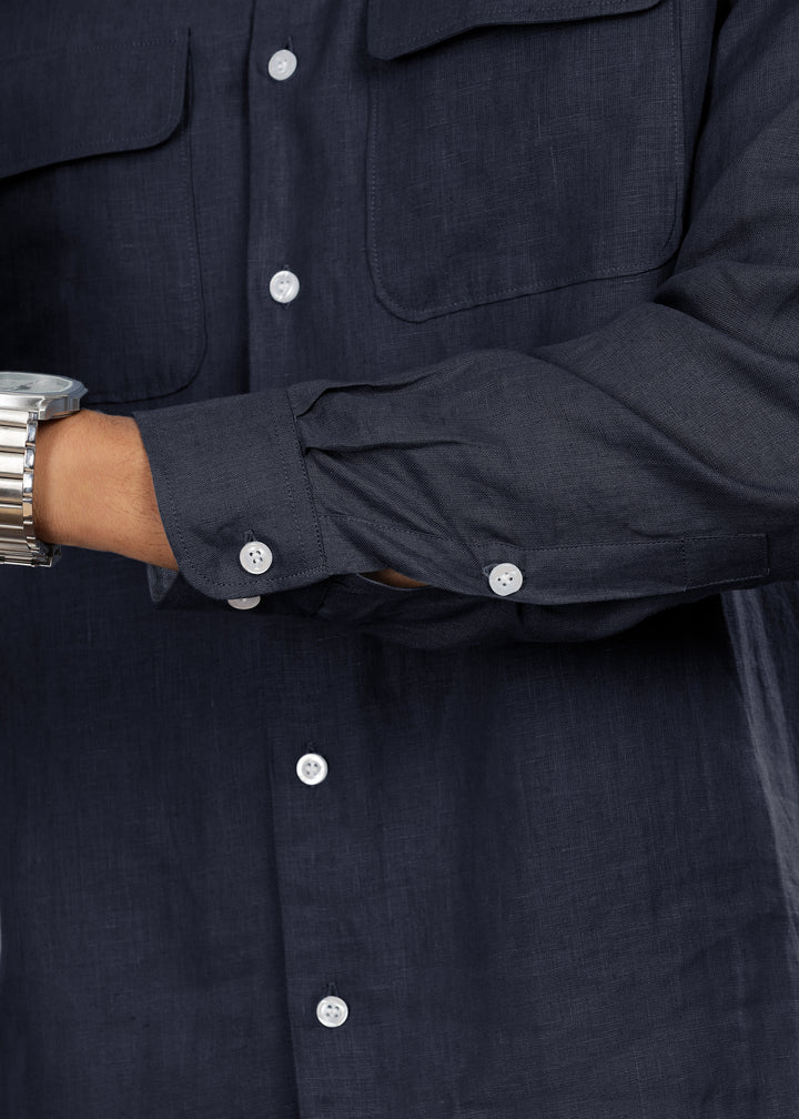 Liam - Pure Linen Double Pocket Classy Full Sleeve Shirt - Navy Blue