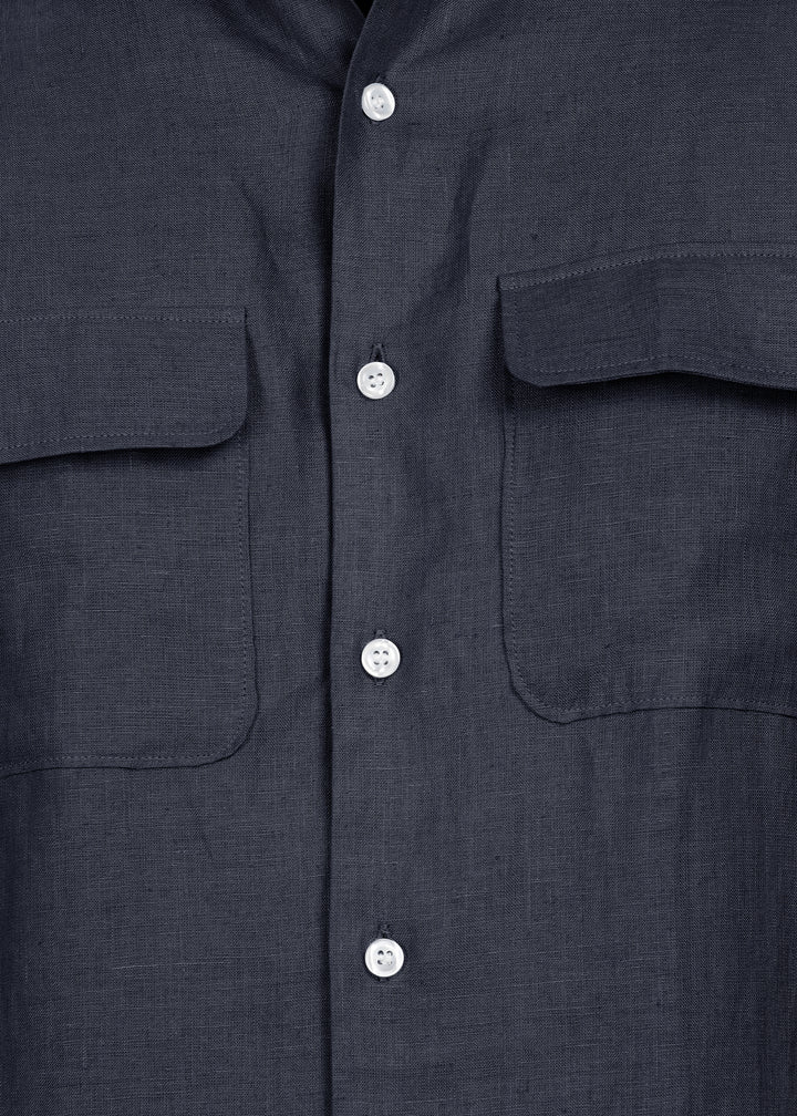 Liam - Pure Linen Double Pocket Classy Full Sleeve Shirt - Navy Blue