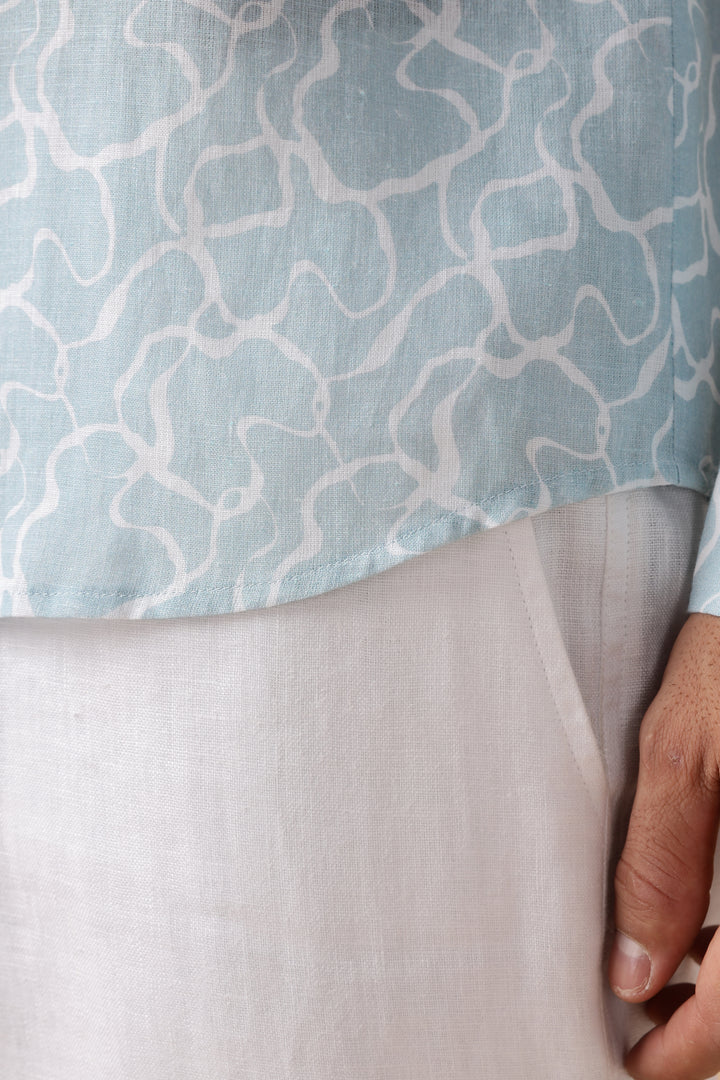 Waves - Pure Linen Printed Full Sleeve Shirt - Light Blue Crest Print