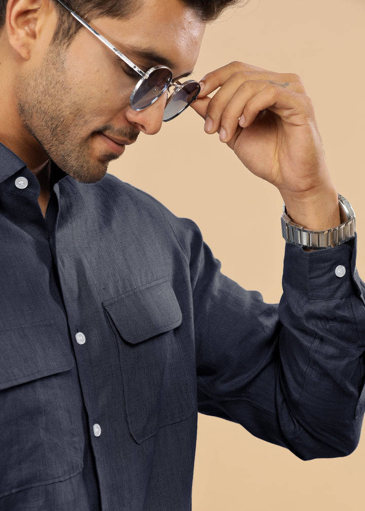Liam - Pure Linen Double Pocket Classy Full Sleeve Shirt - Navy Blue