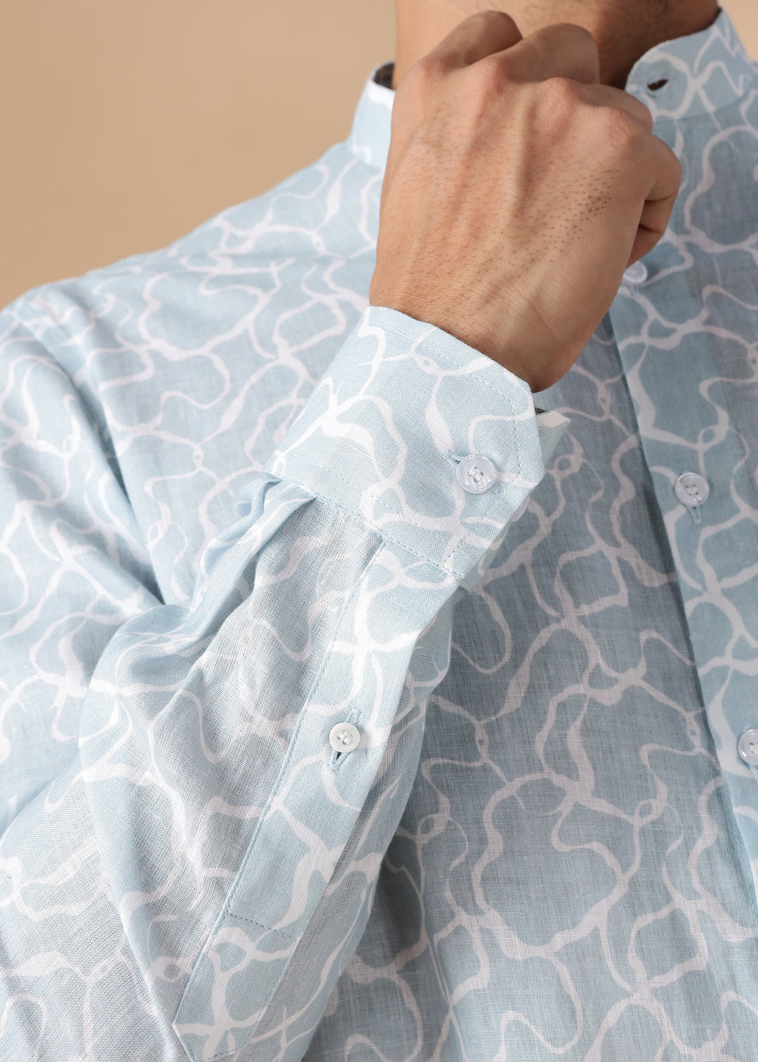 Waves - Pure Linen Printed Full Sleeve Shirt - Light Blue Crest Print