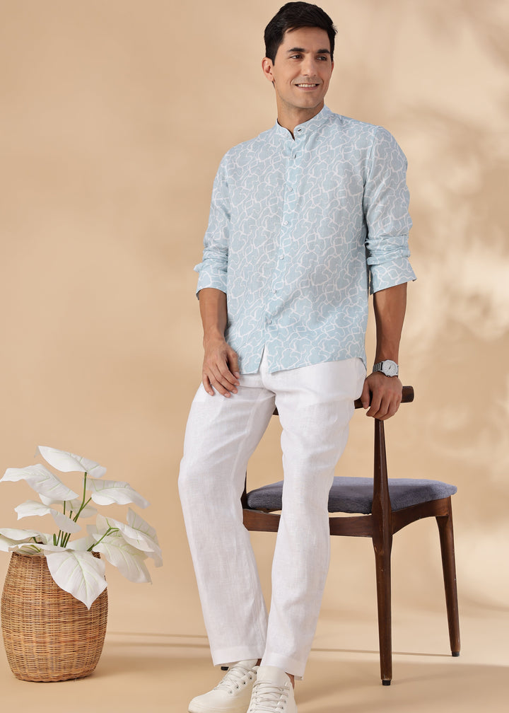 Waves - Pure Linen Printed Full Sleeve Shirt - Light Blue Crest Print