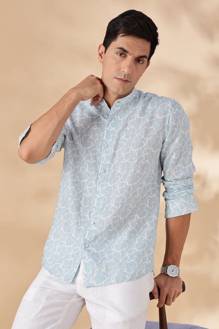 Waves - Pure Linen Printed Full Sleeve Shirt - Light Blue Crest Print