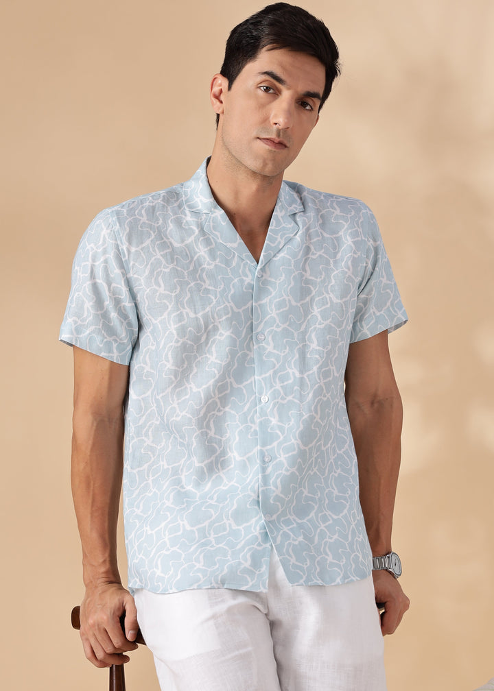Bay - Pure Linen Printed Shirt With Cuban Collar - Light Blue Crest Print