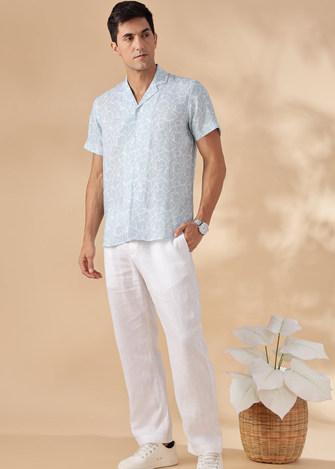 Bay - Pure Linen Printed Shirt With Cuban Collar - Light Blue Crest Print