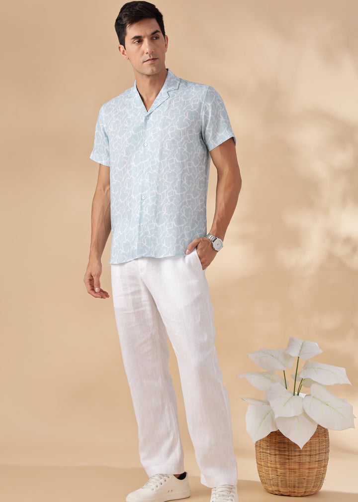 Bay - Pure Linen Printed Shirt With Cuban Collar - Light Blue Crest Print