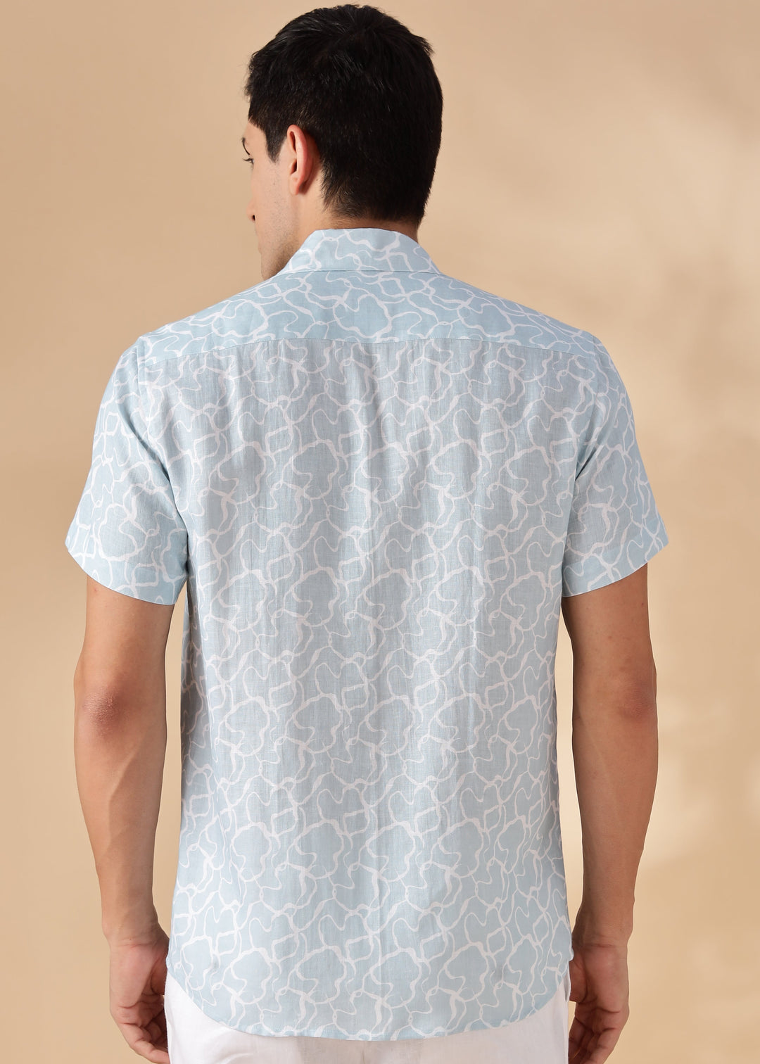 Bay - Pure Linen Printed Shirt With Cuban Collar - Light Blue Crest Print