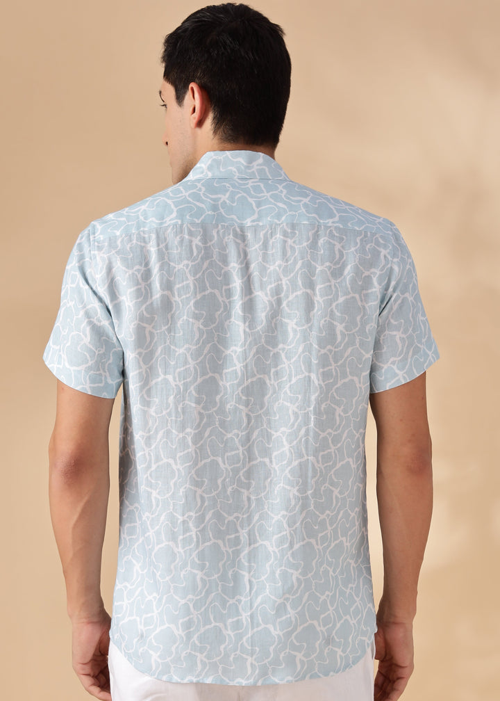 Bay - Pure Linen Printed Shirt With Cuban Collar - Light Blue Crest Print