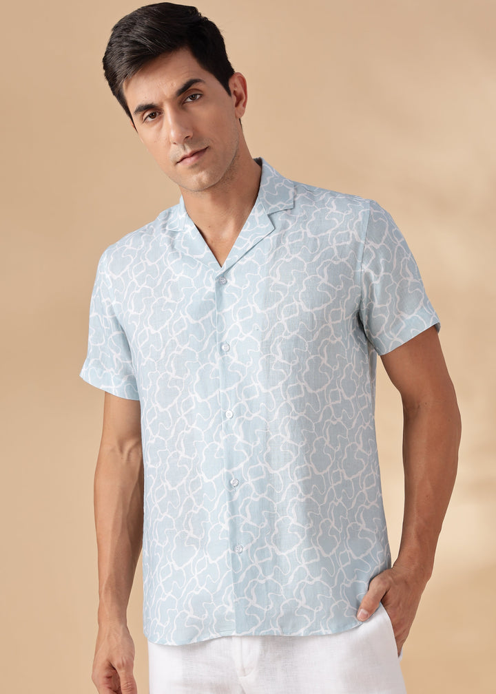 Bay - Pure Linen Printed Shirt With Cuban Collar - Light Blue Crest Print