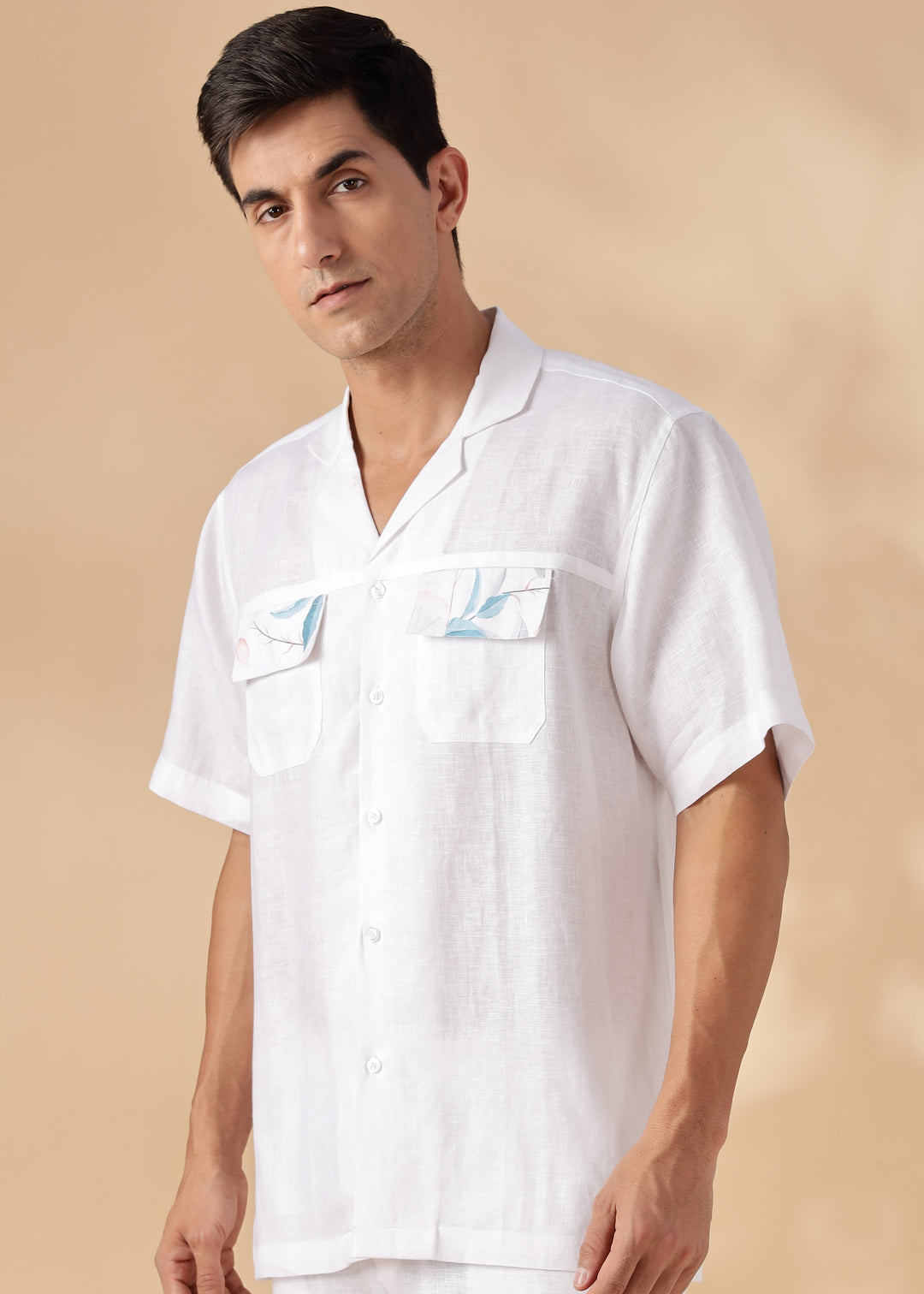 Shay - Pure Linen Cuban Collar Shirt with Printed Flap Pockets - White